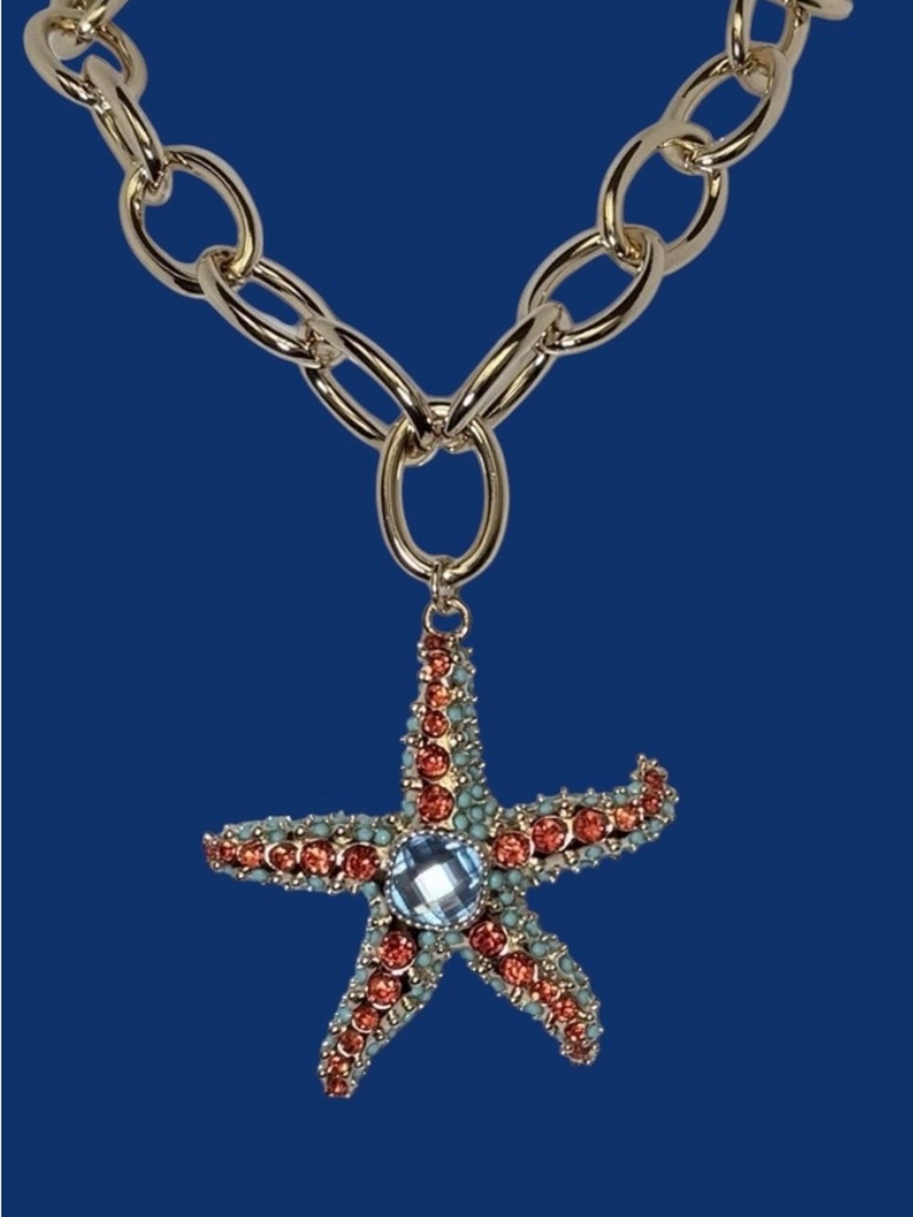 Betsey Johnson Gold-Tone Chain Necklace with Orange & Aqua Starfish Pendant - Picture 6 of 16